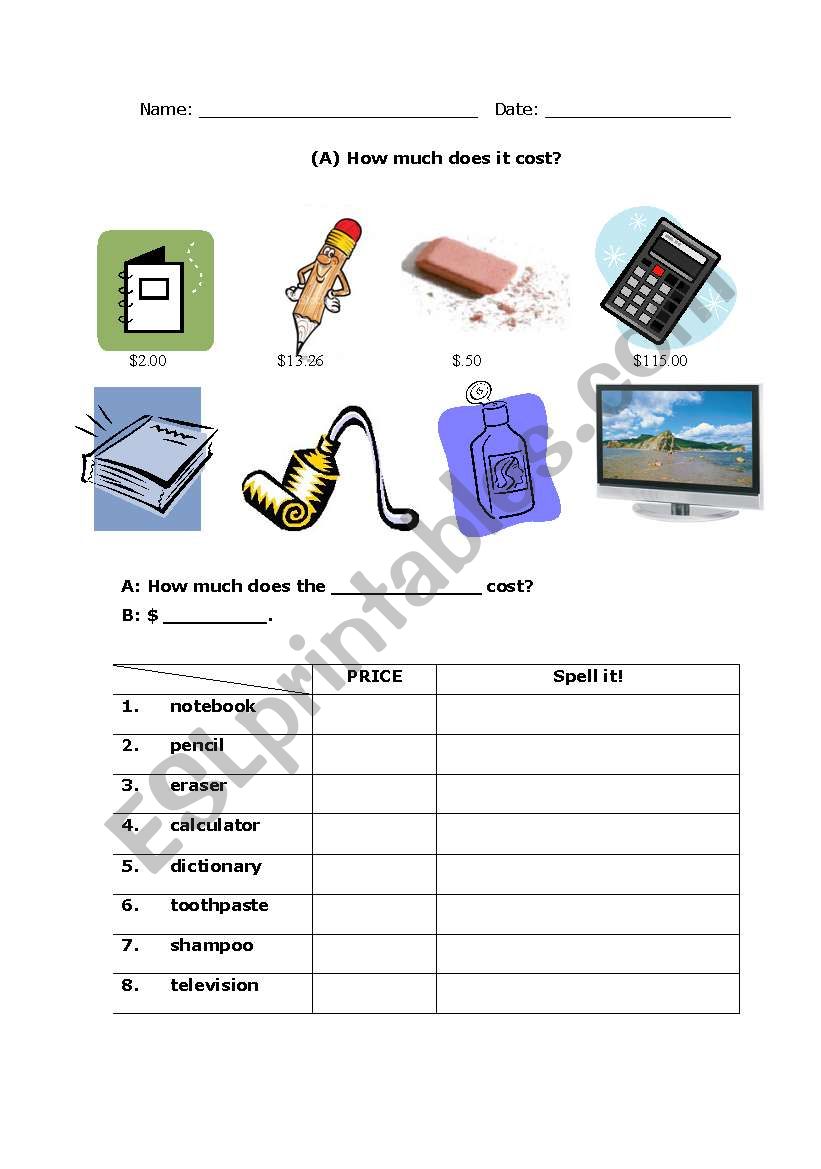 pair practice -- money;  2-page worksheet