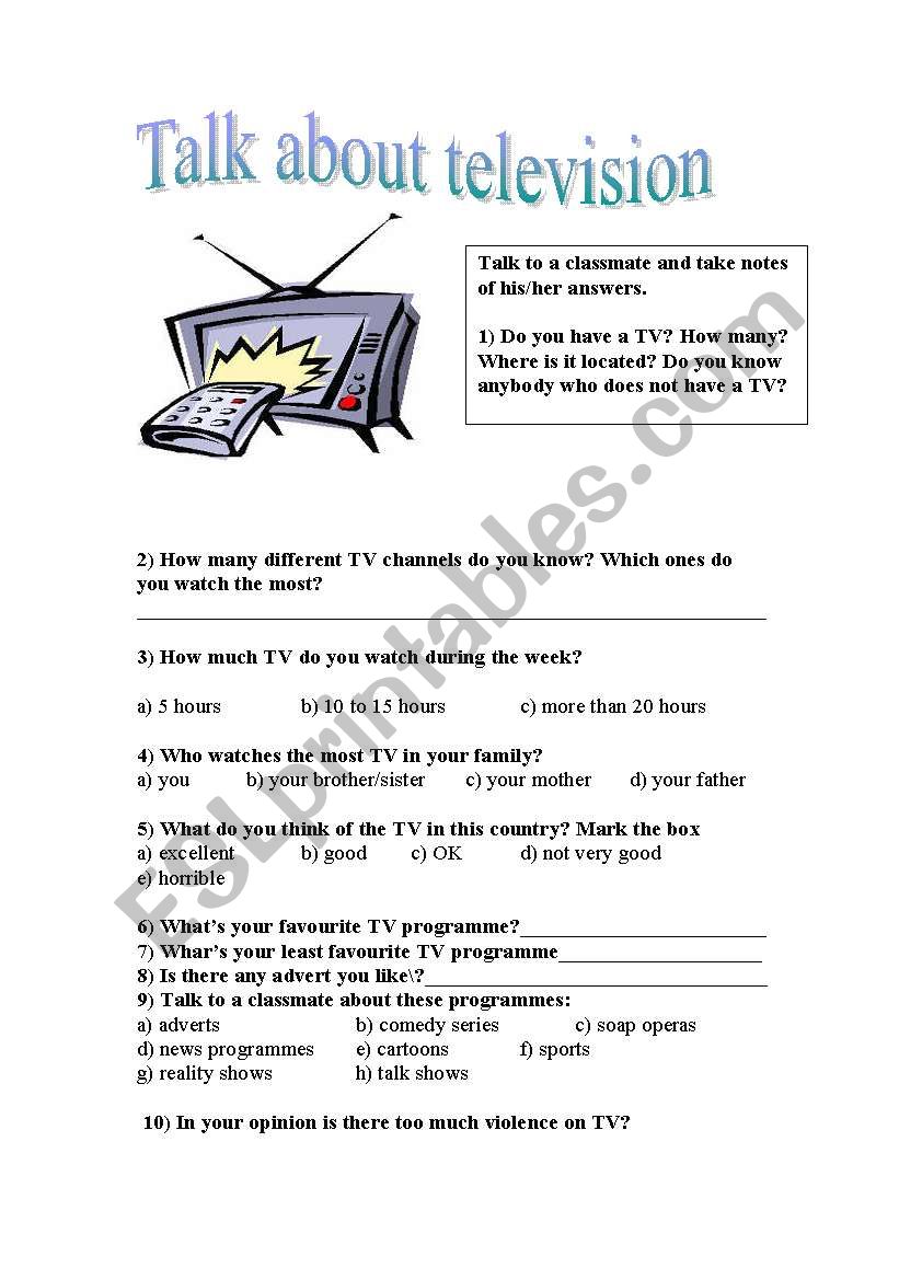 talk about television worksheet