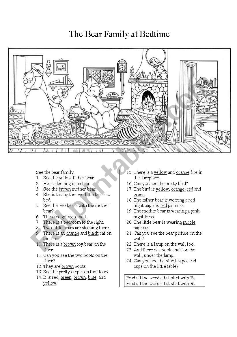 The Bear Family at Bedtime worksheet