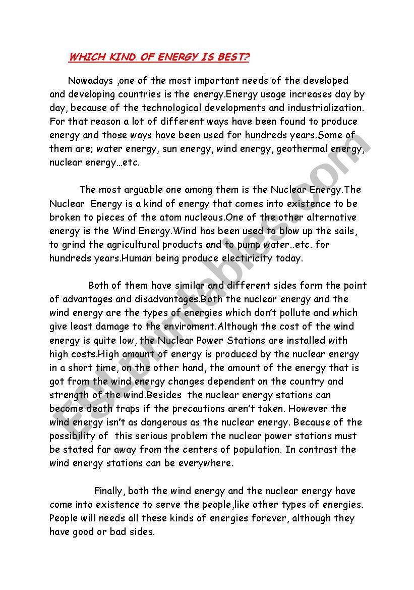WHICH KIND OF ENERGY IS BEST? worksheet
