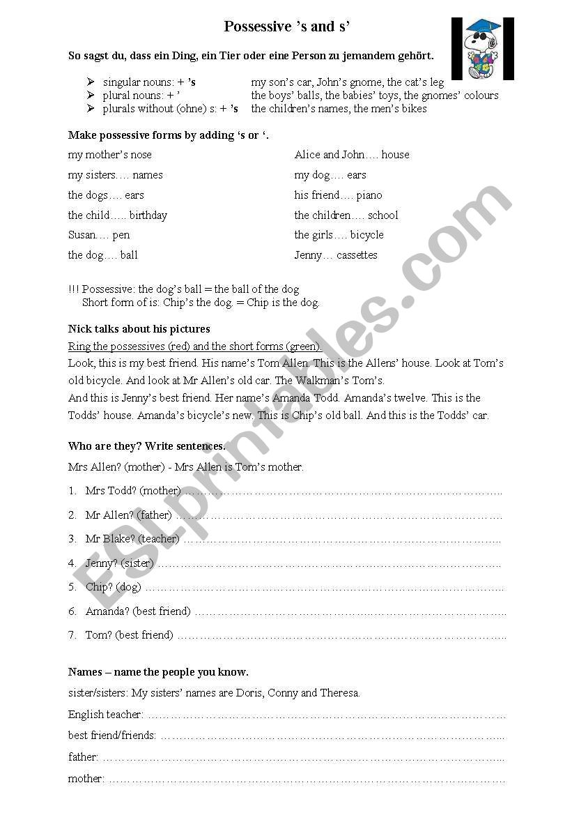 Possessive s worksheet