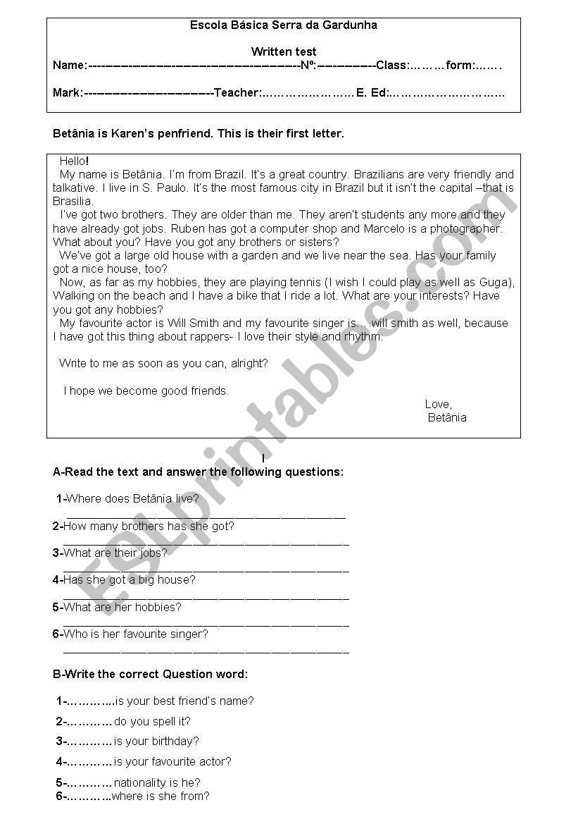 PERSONAL Identification worksheet