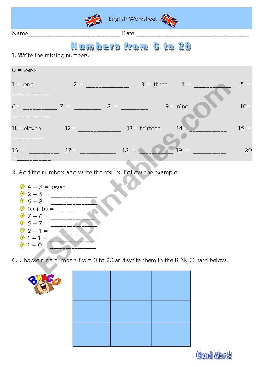 Numbers from 0 to 20 worksheet