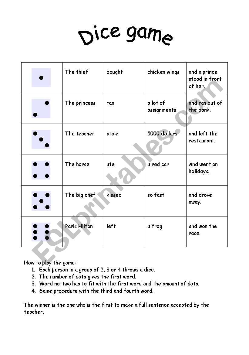 Dice game worksheet