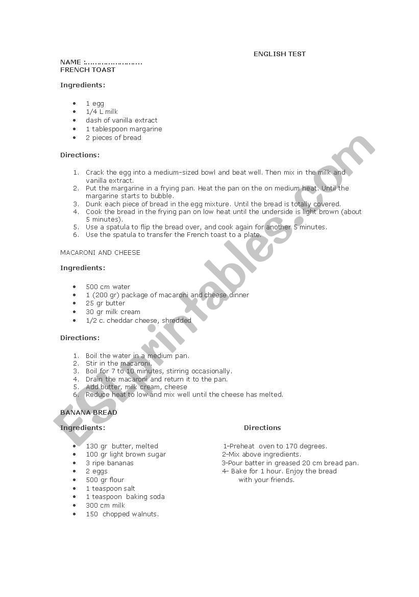 recipe- french toast worksheet