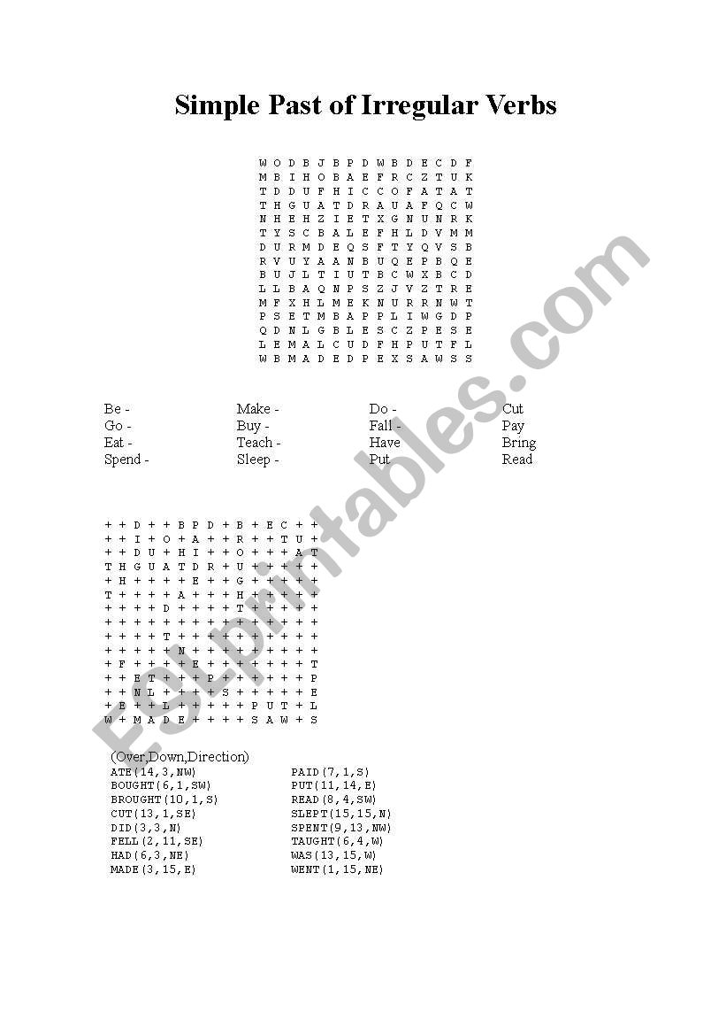 word search puzzle on irregular verbs (simple past)