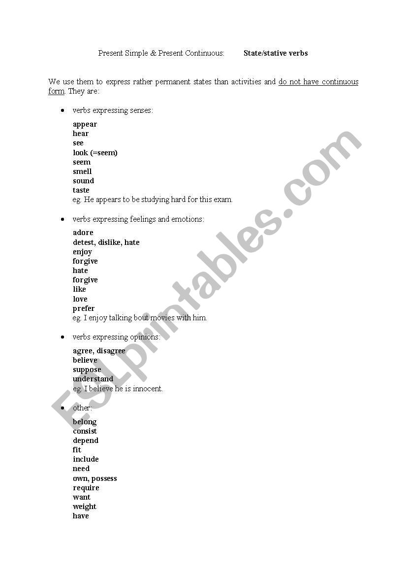 Stative verbs worksheet