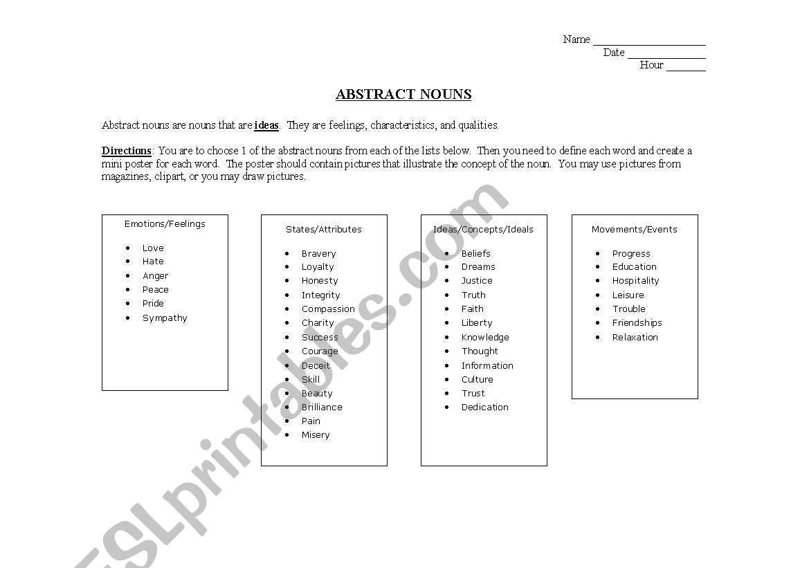 Abstract noun project worksheet