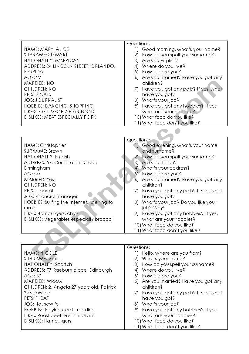 Role play cards  worksheet