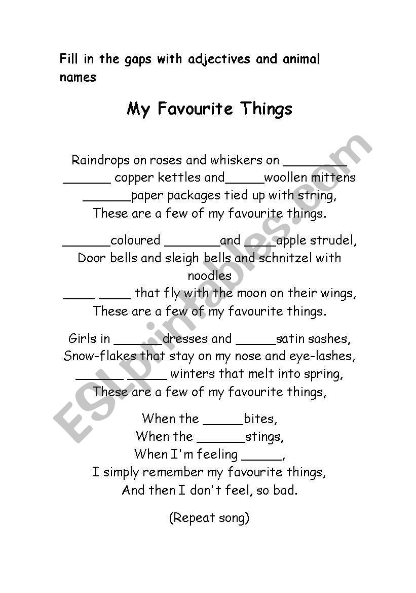 My favourite things worksheet