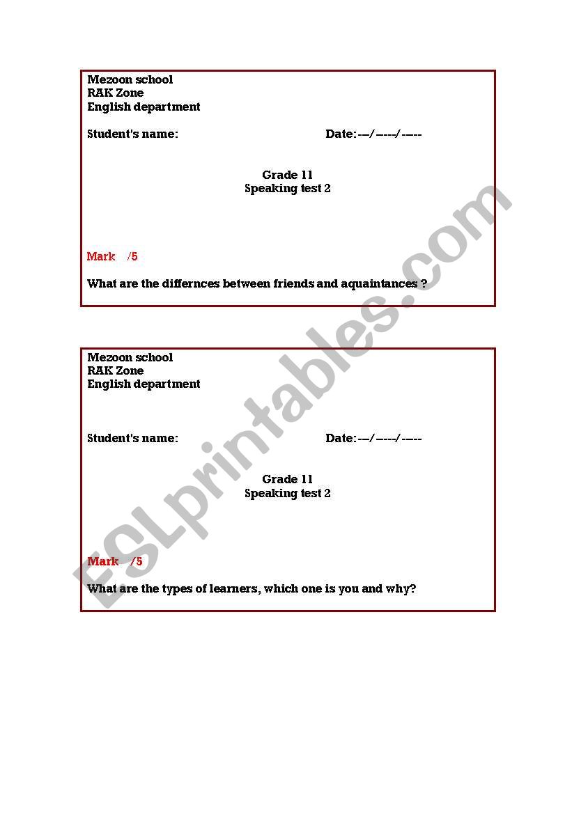 speaking test worksheet