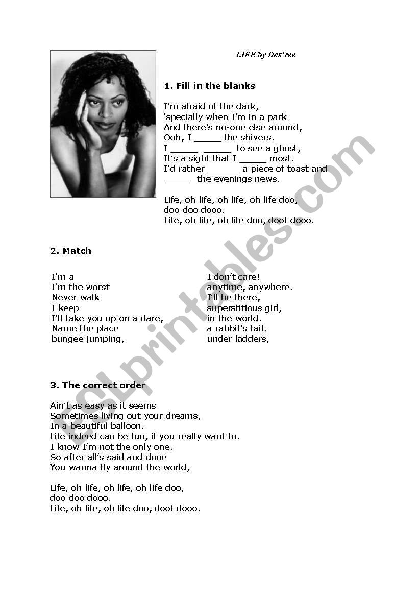 Song - Life by Desree worksheet