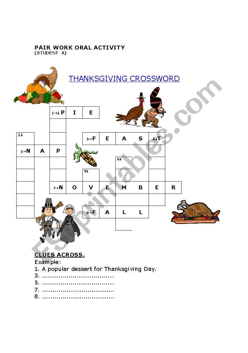 Thanksgiving. Pair Crossword worksheet