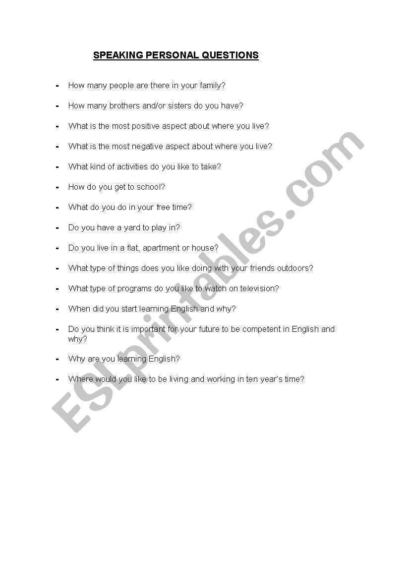 Speaking Questions worksheet