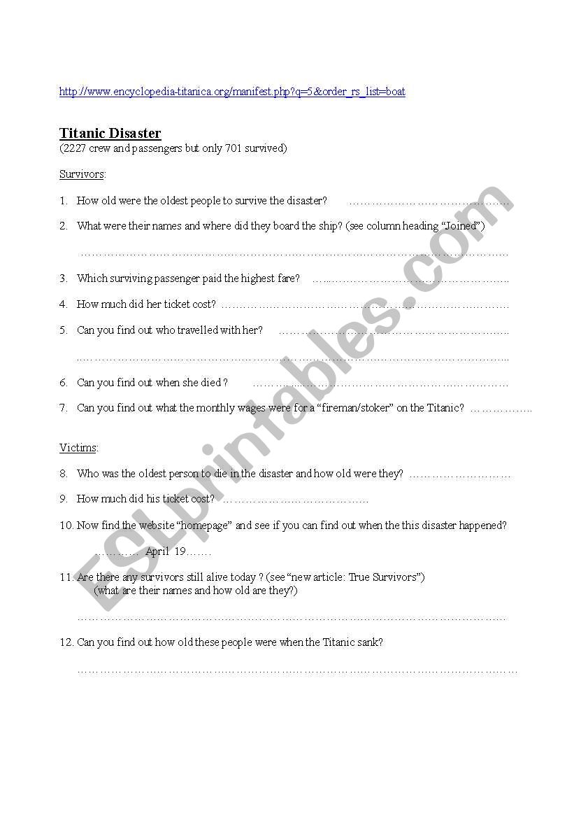 Titanic questionnaire worksheet