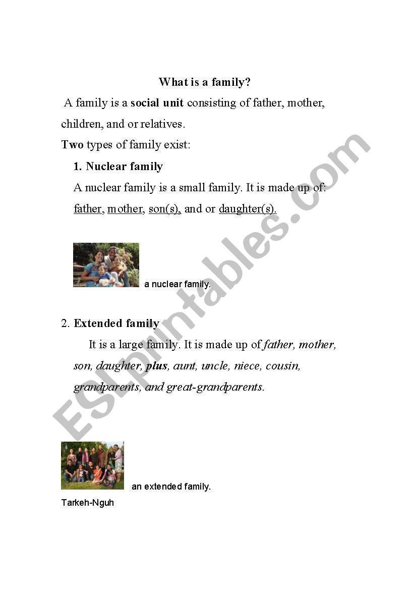 Family vocabulary, definitions, notes, and worksheets.