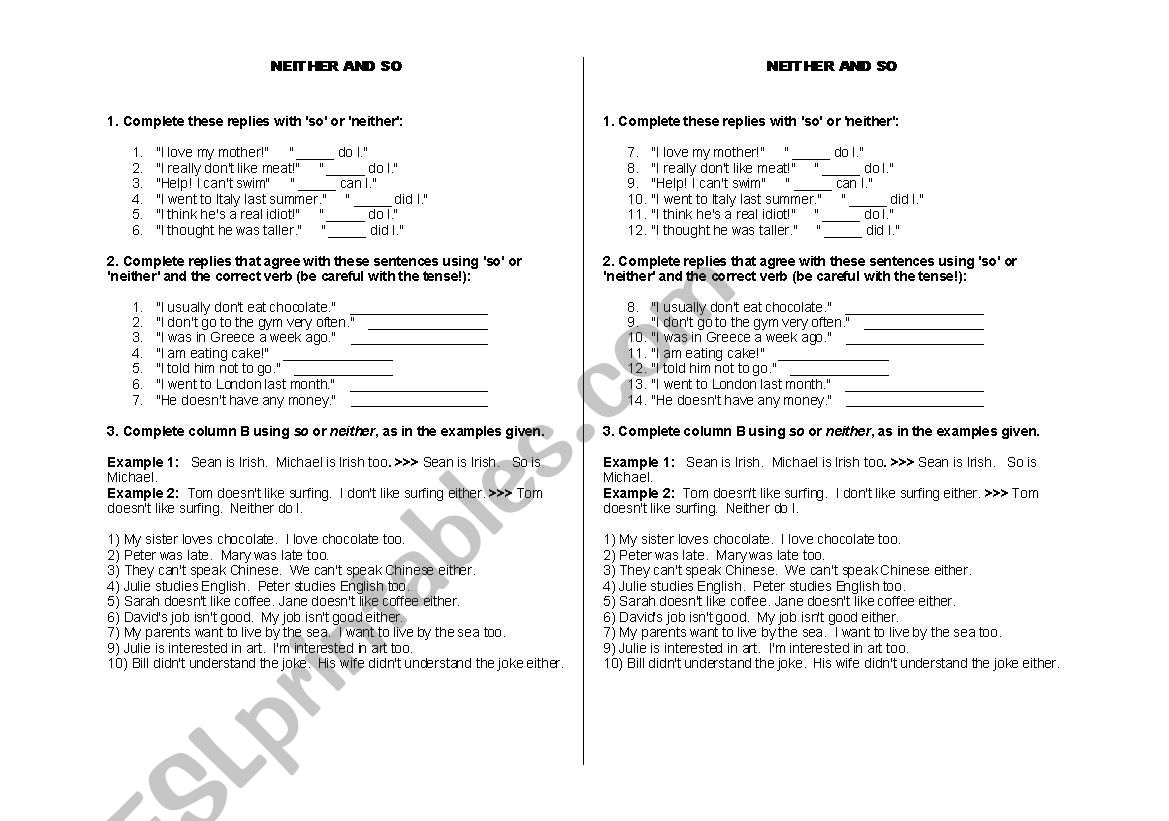 So/ Neither - Agreement worksheet