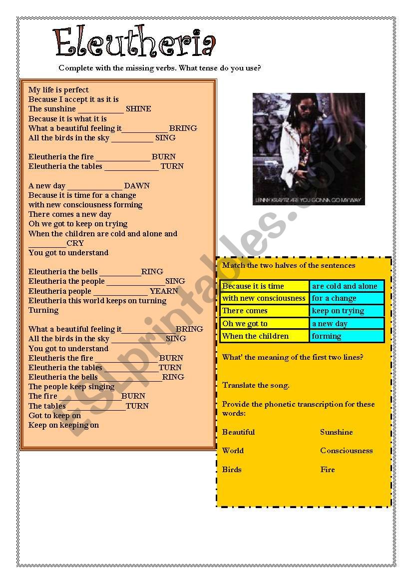 ELEUTHERIA - LENNY KRAVITZ worksheet