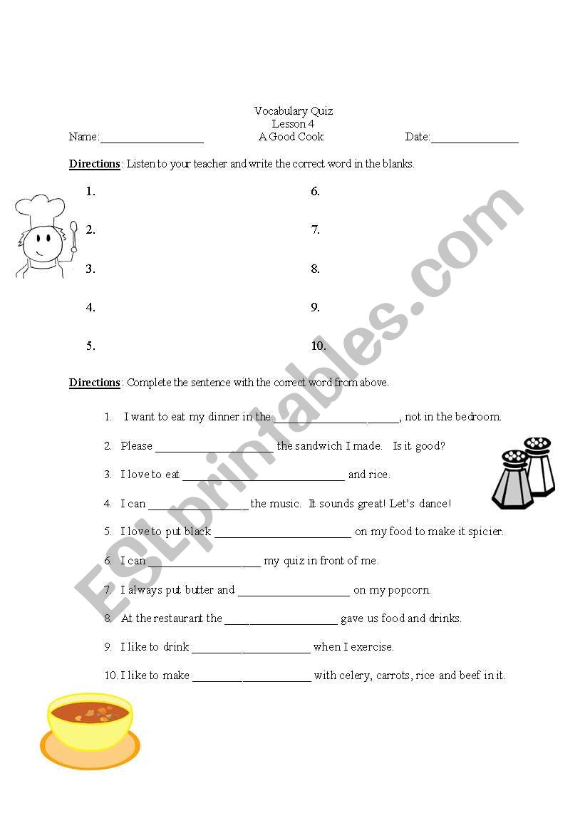 Vocabulary Quiz, Kitchen words, dictation, Senses