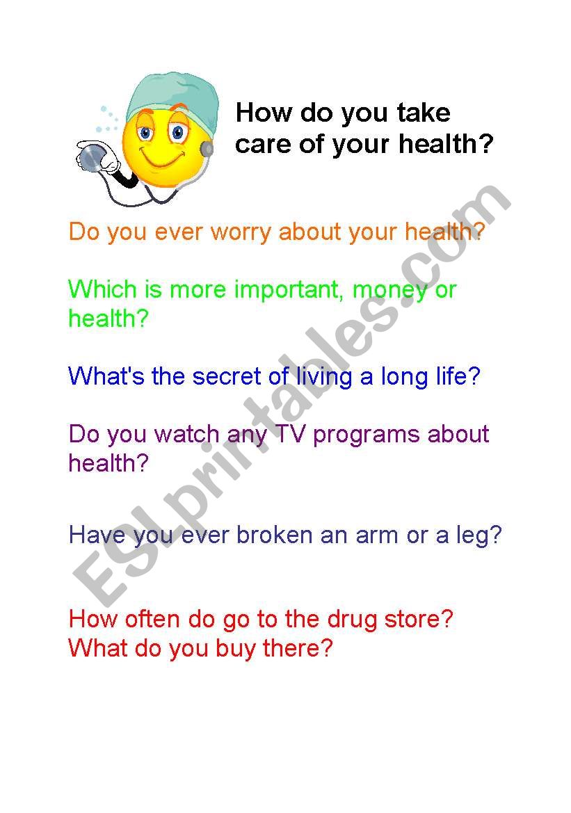 Health - speaking topics worksheet