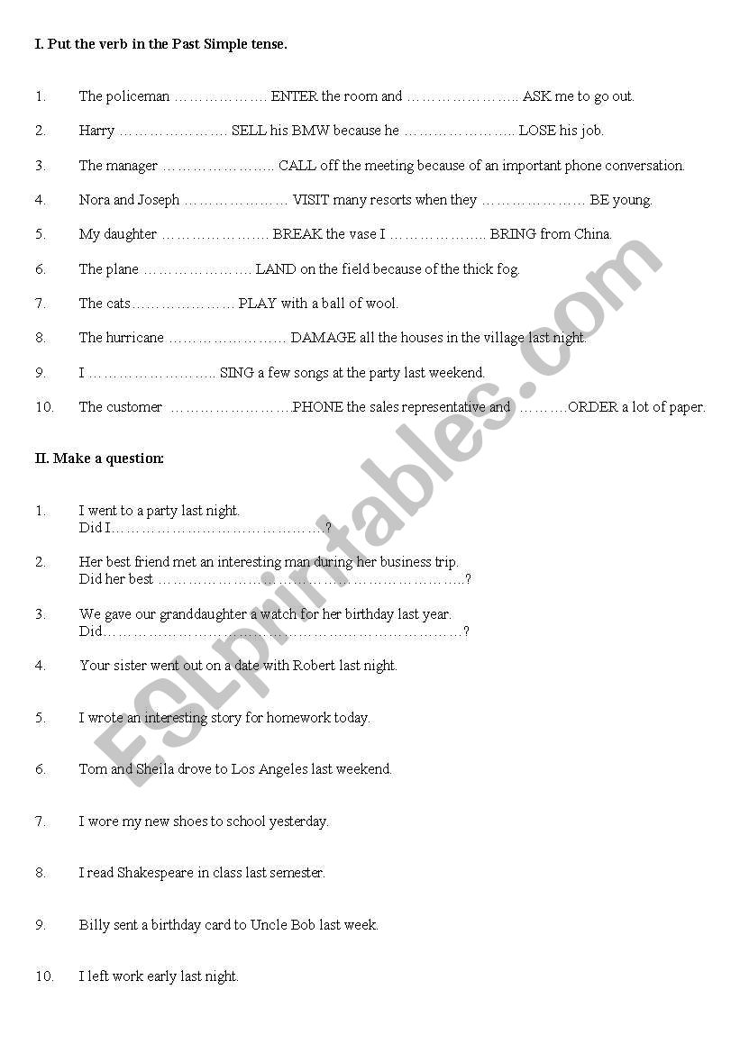 excercises on Past Simple worksheet