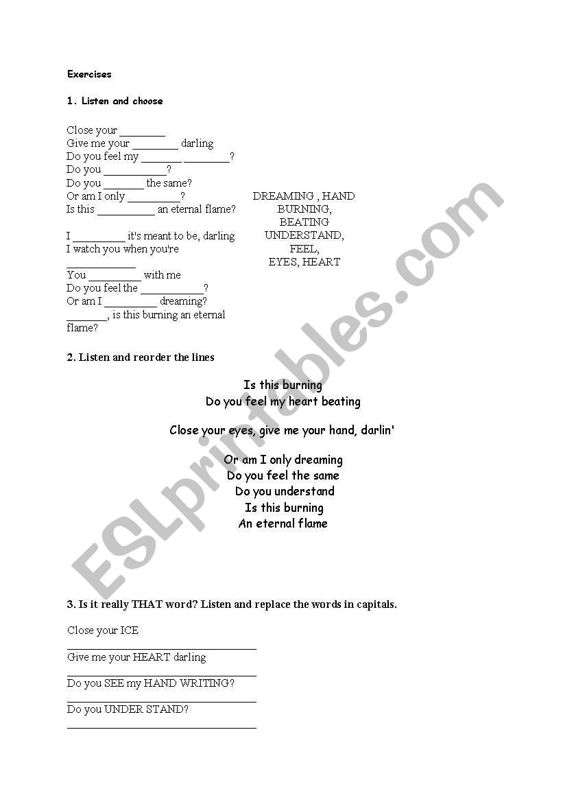 song excercises worksheet