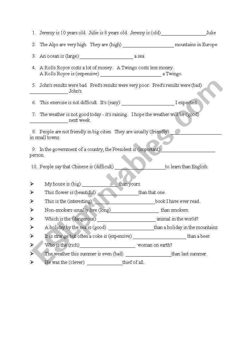 comparatives and superlatives worksheet