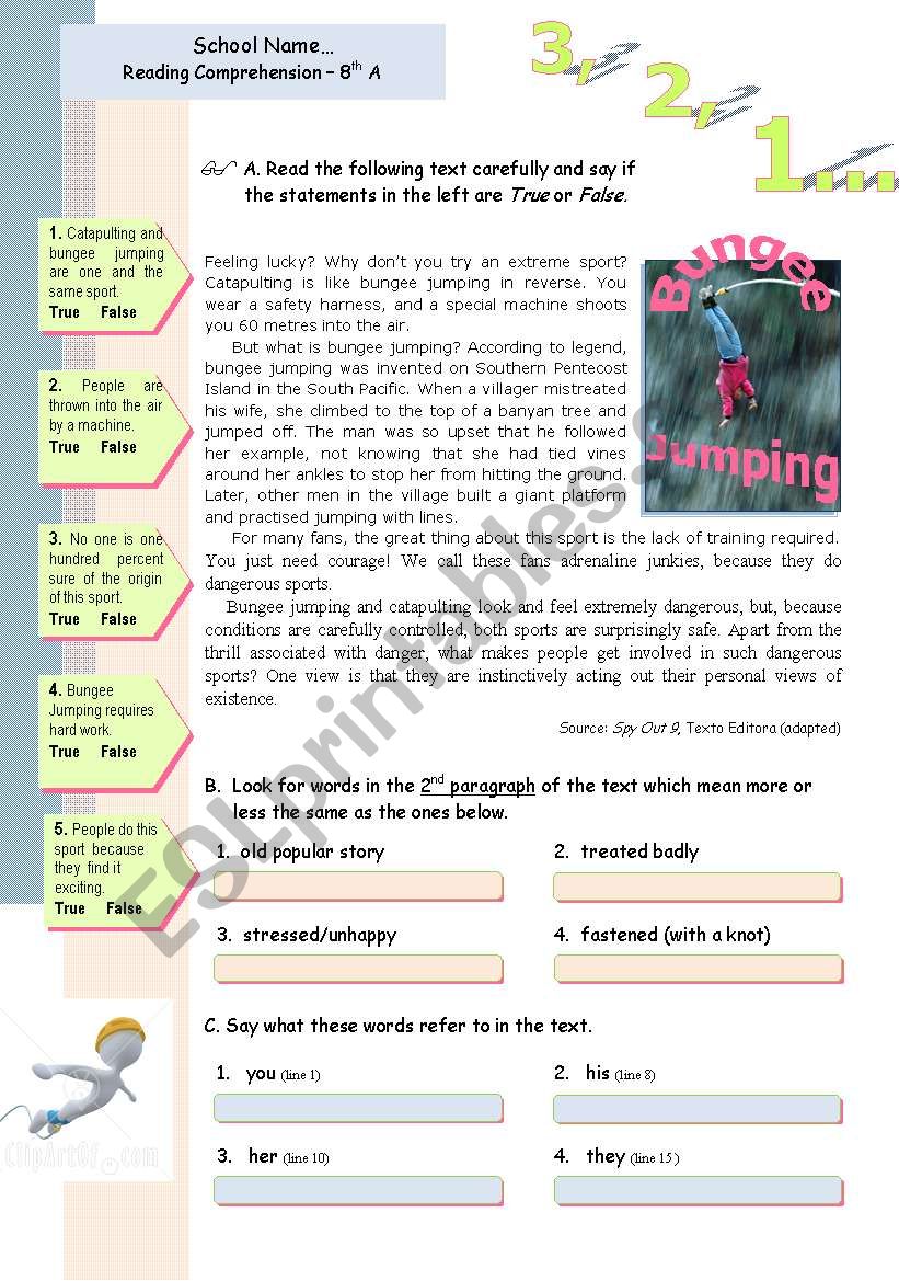 1-2-3-bungee-jumping-reading-comprehension-for-8-9th-graders-esl-worksheet-by-mena22