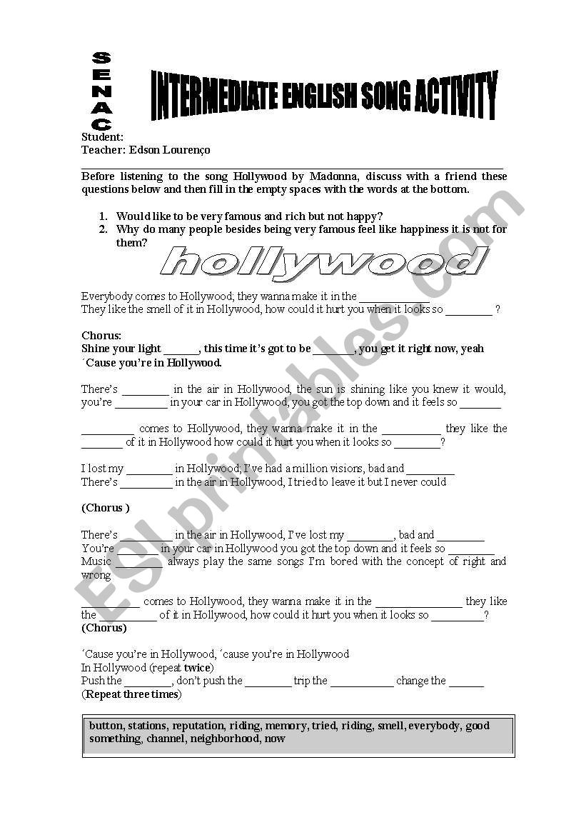 hollywood worksheet