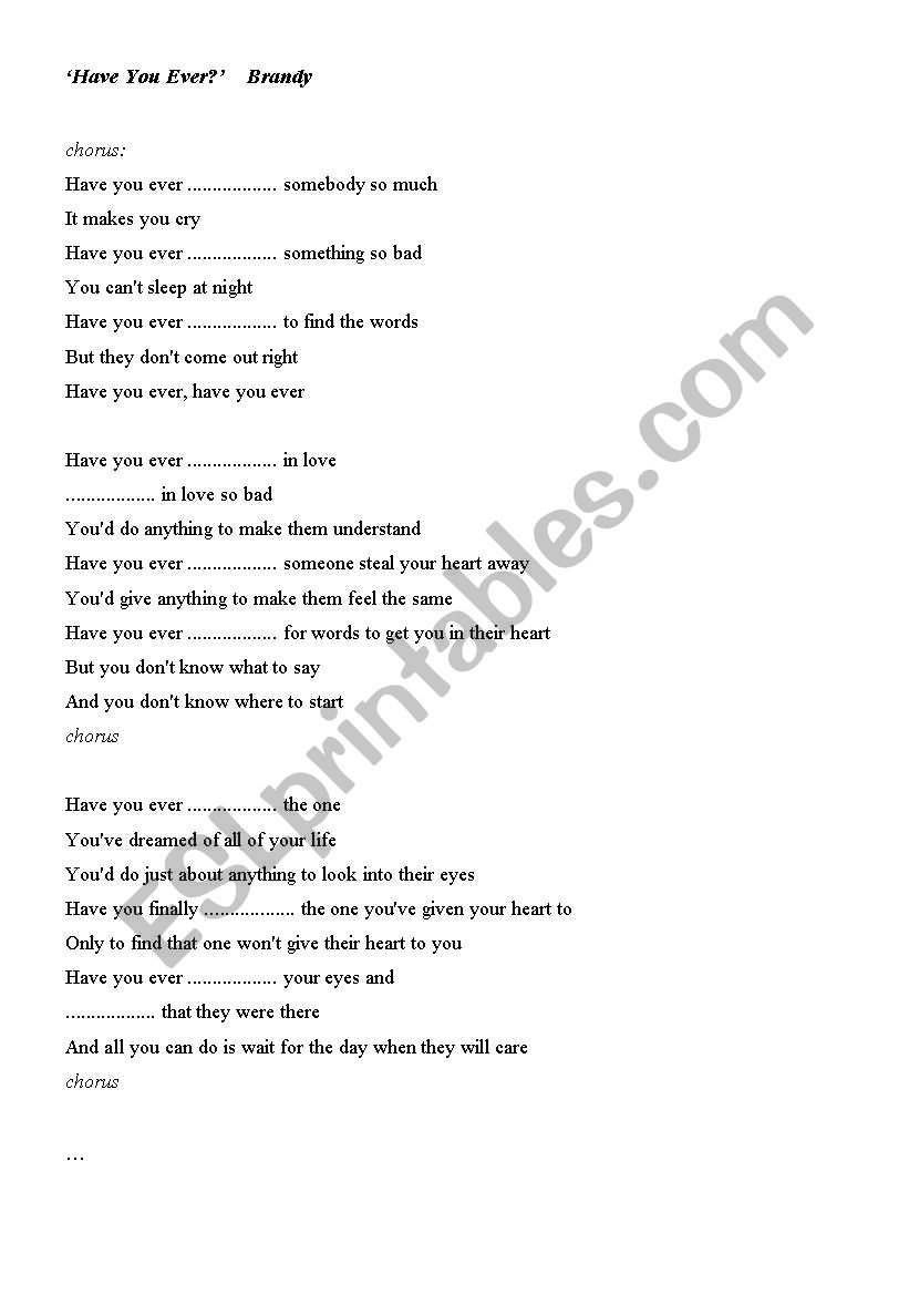 ´Have you ever´ lyrics (by Brandy) Gapfilling ESL worksheet by Magda7583