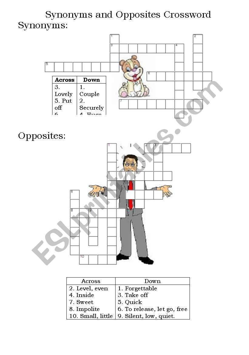 Synonyms and Opposites crossword - Answers are provided.