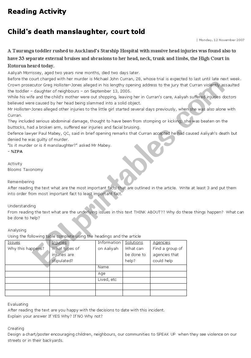 Reading newspaper articles  worksheet