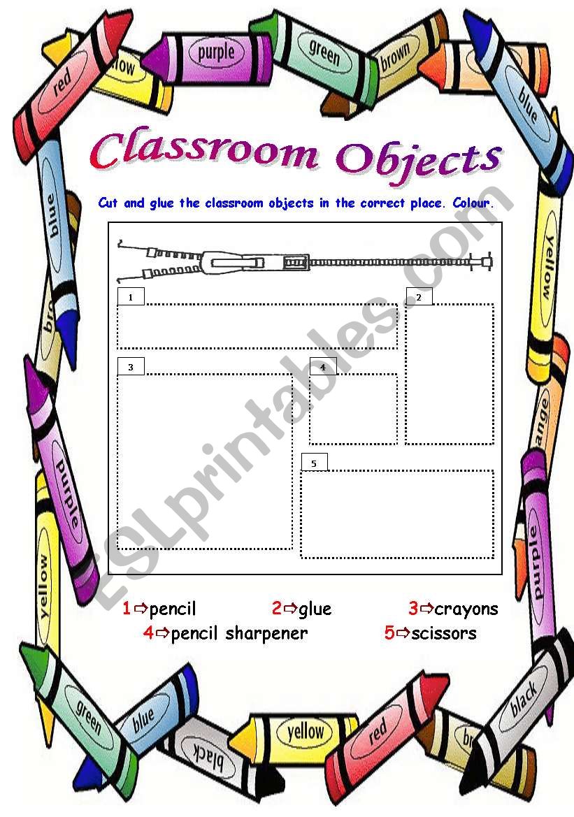 Cut, glue and colour the classroom objects (part 1/2)