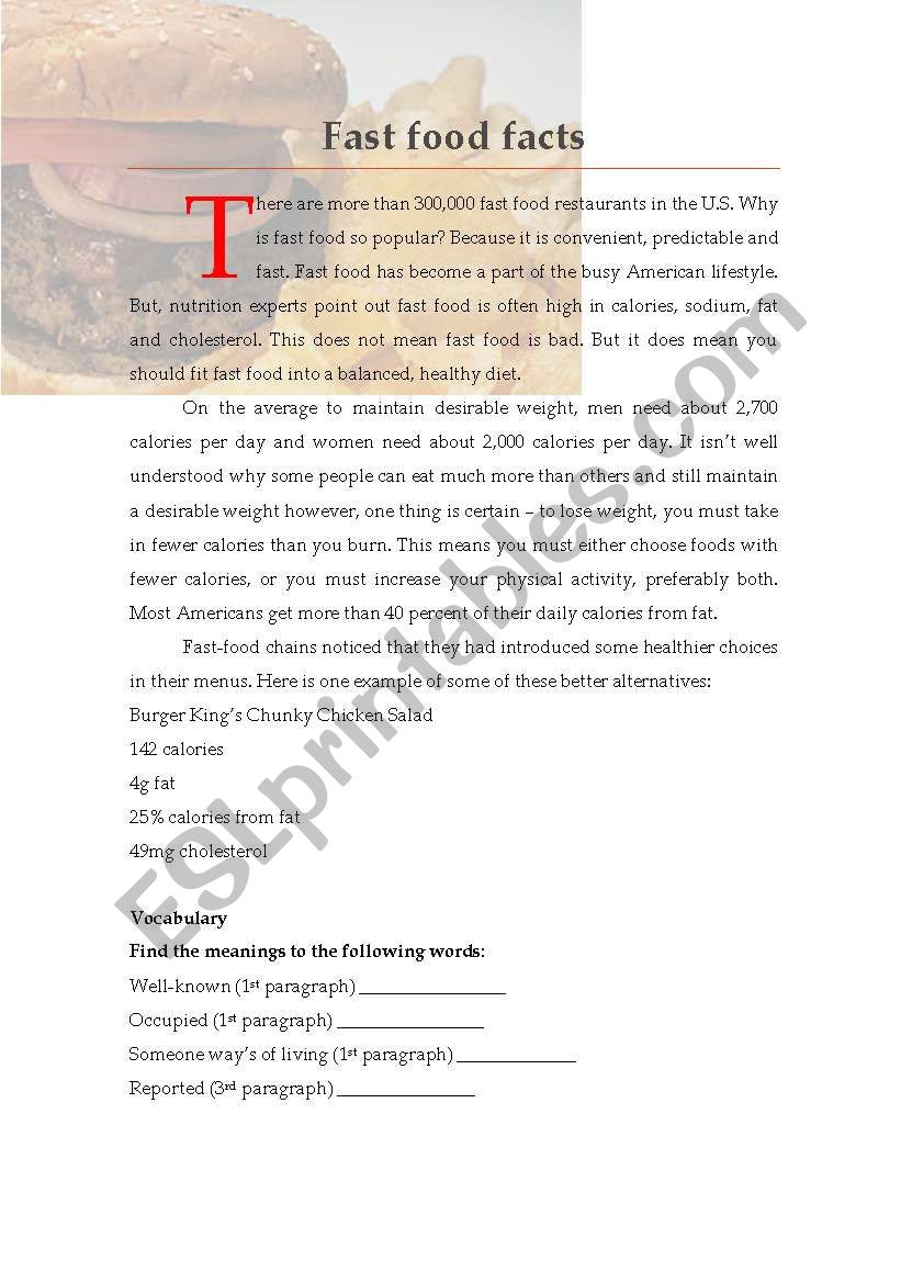 Fast food facts worksheet
