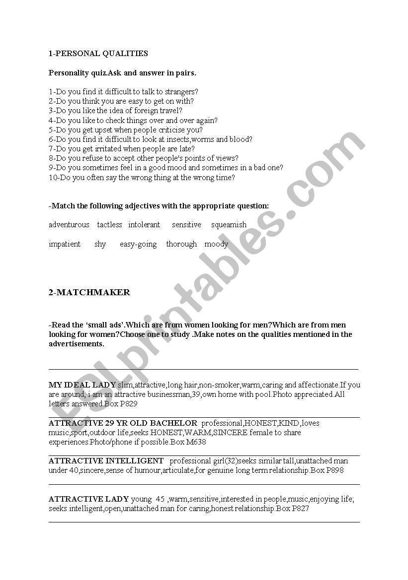 personal qualities worksheet