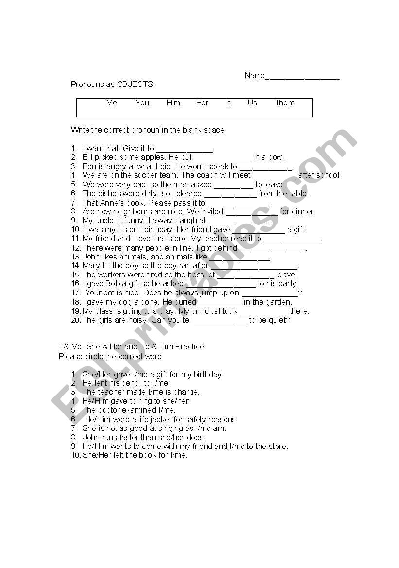 Pronouns as Objects worksheet