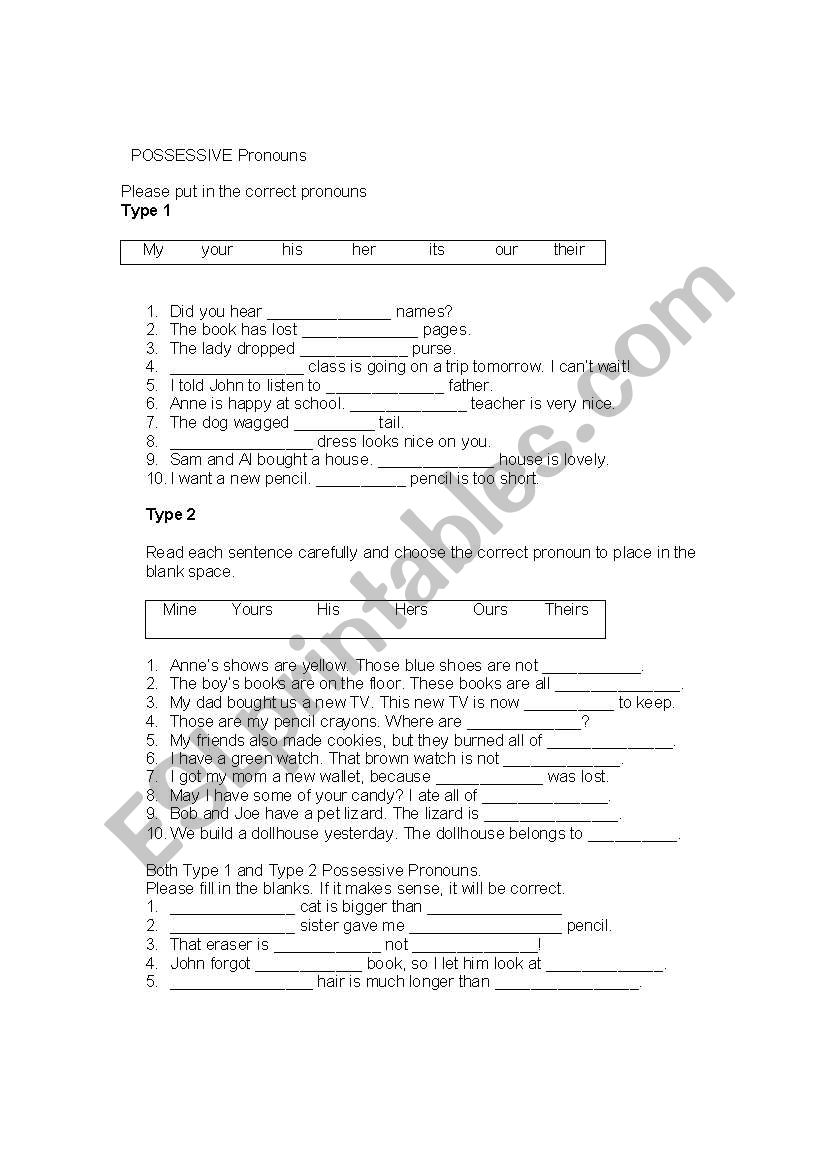 Possessive Pronouns worksheet