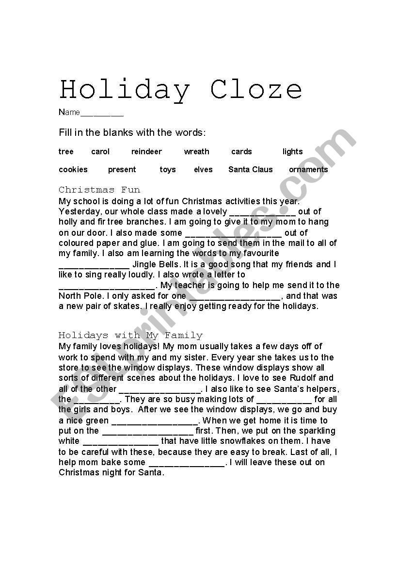 Holiday Cloze  worksheet