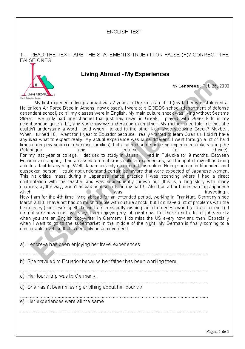 Living Abroad worksheet