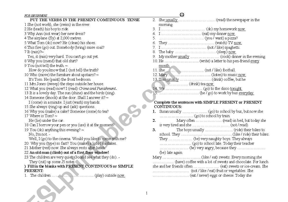 present continous tense worksheet