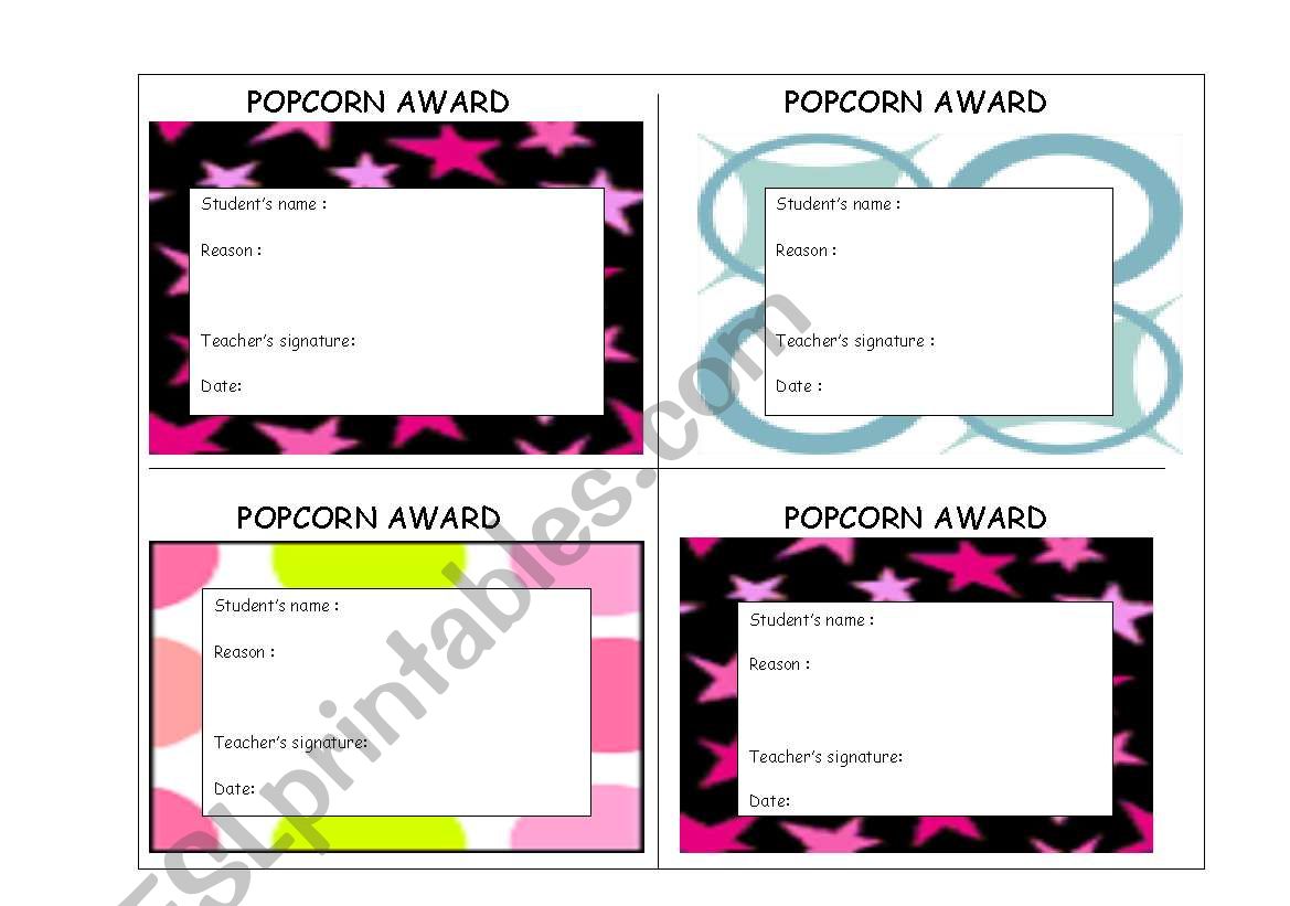 Popcorn Awards worksheet