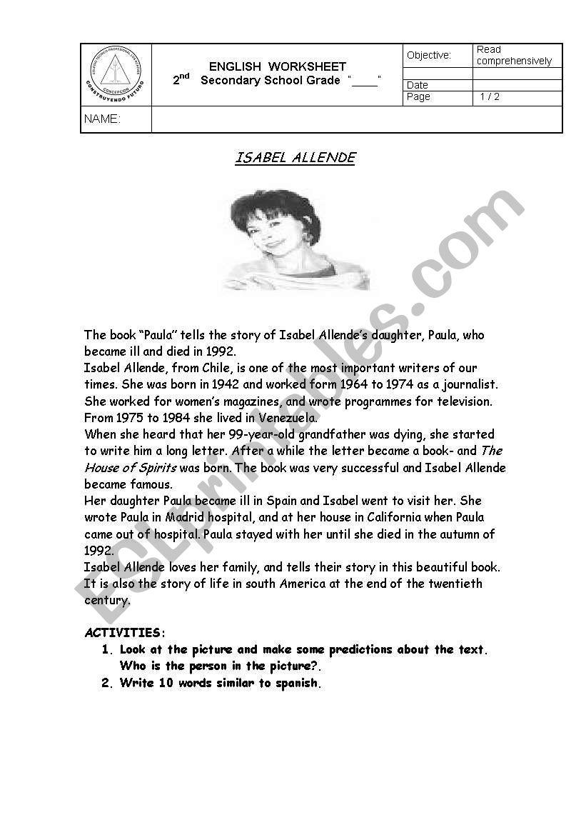 ISABEL ALLENDE worksheet