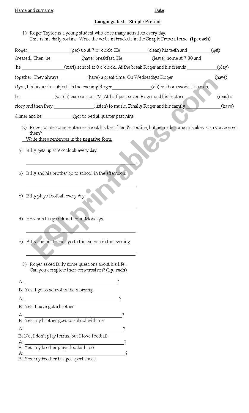 simple present test worksheet