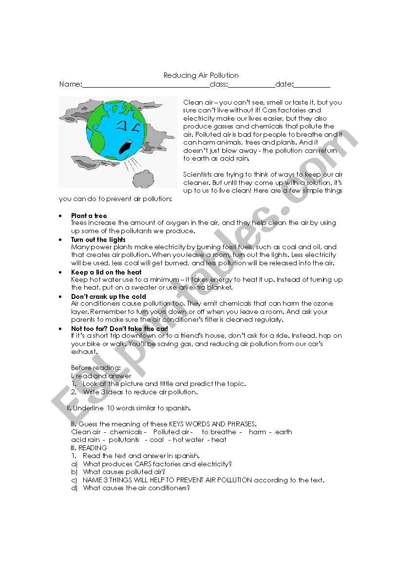 REDUCING AIR POLLUTION worksheet