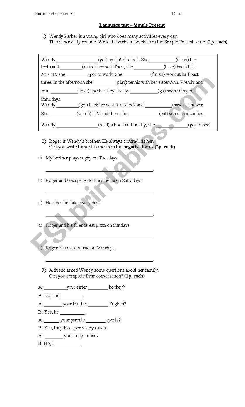 SIMPLE PRESENT TEST worksheet