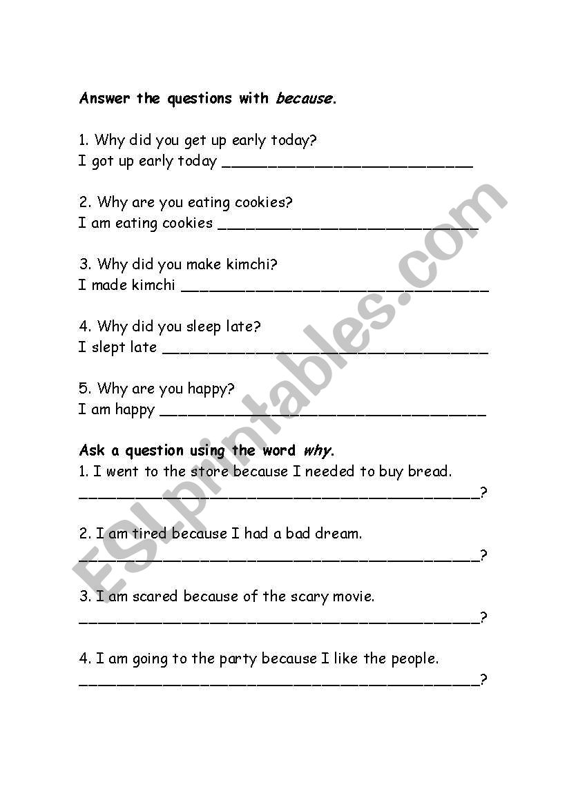 Why and Because worksheet