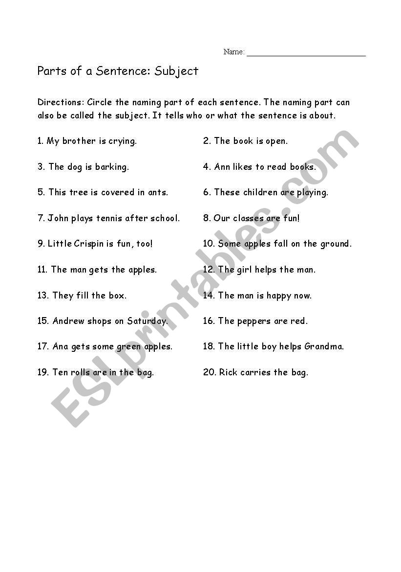 Parts of a Sentence: Subject worksheet