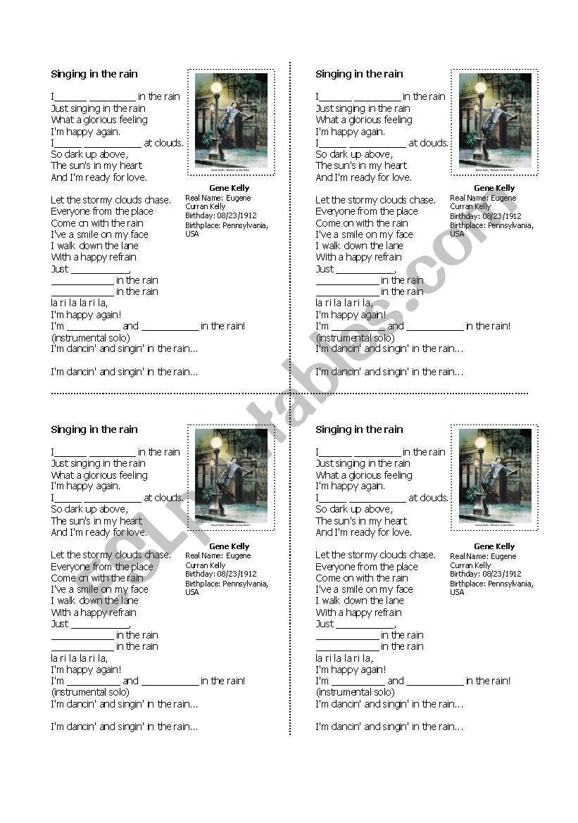 Singing in the rain worksheet