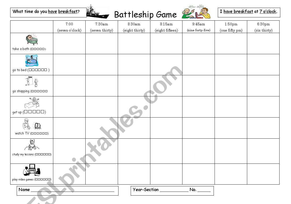 Battleship Time worksheet