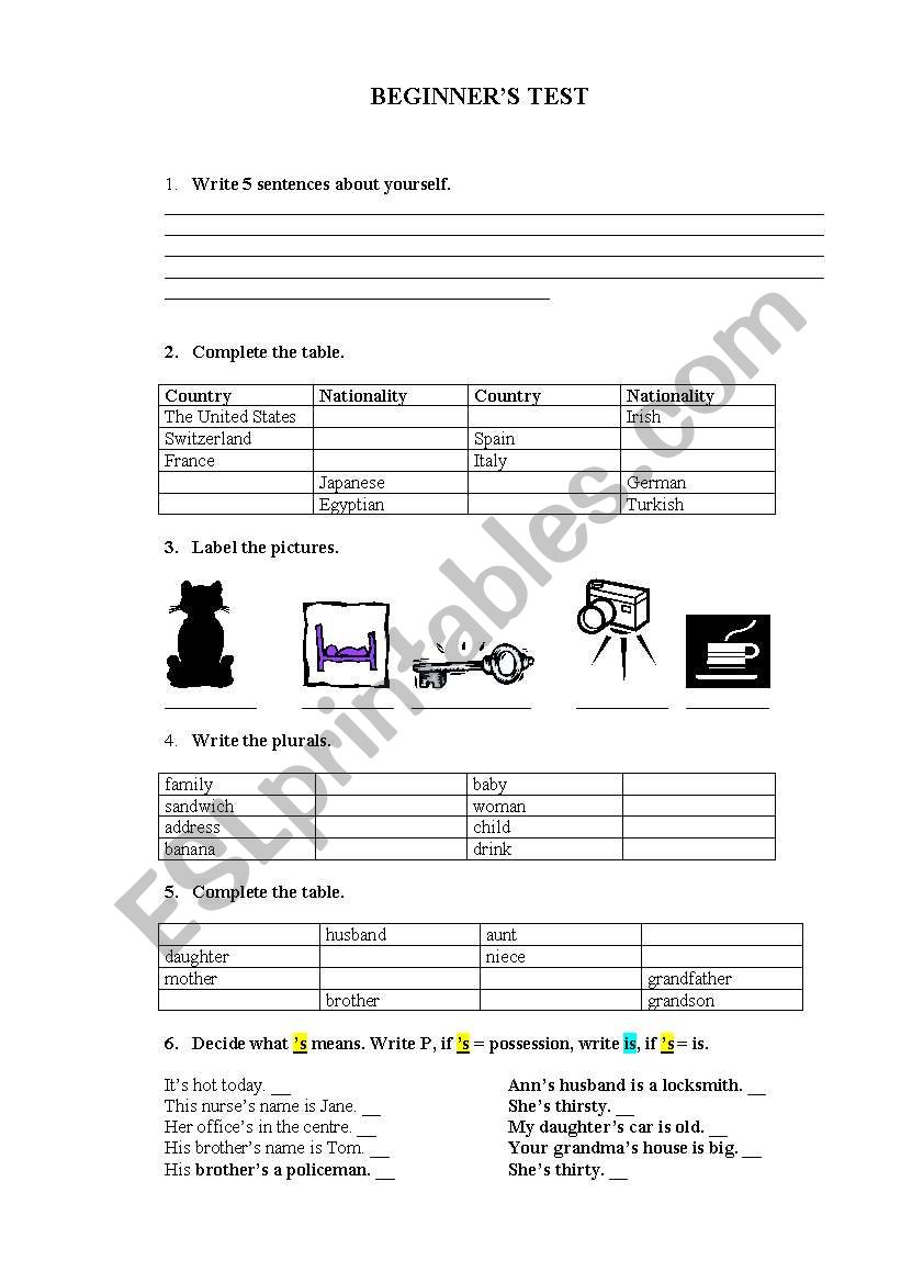 Begginers test worksheet